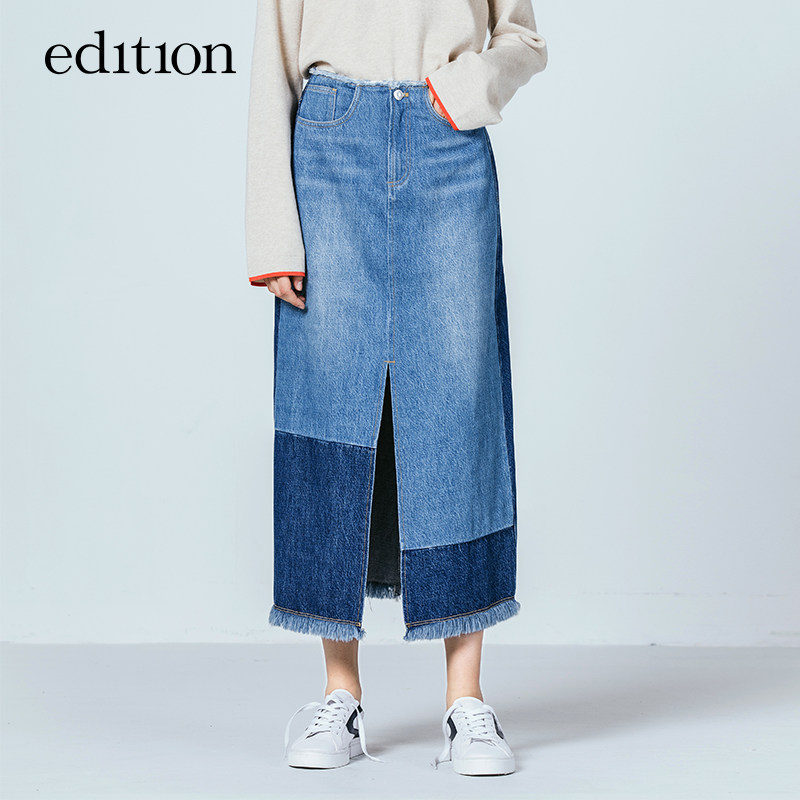 edition牛仔半裙秋中长裙前中开衩不规则拼色EA173SKT401 moco在类目 女装/女士精品, 半身裙中 - 来自Buy2taobao.com提供专业的淘宝代购服务