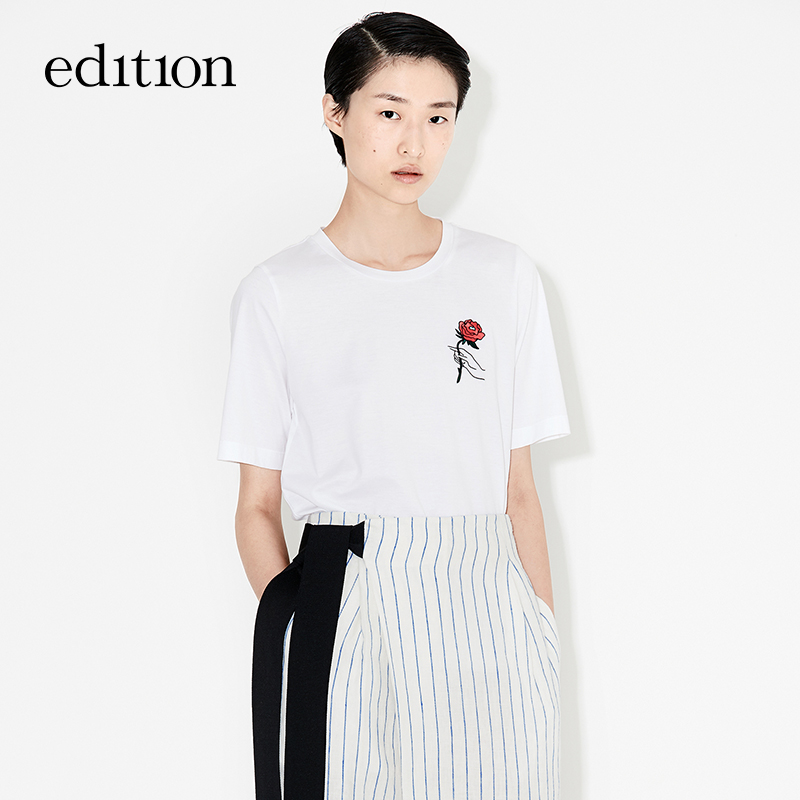 edition花卉刺繡短袖T恤夏圓領休閑直身全棉EA182TEE210 moco