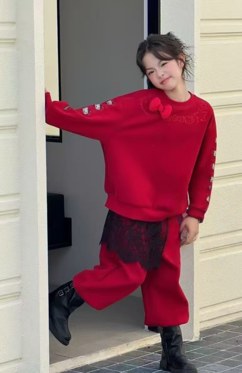 波拉儿童卫衣春秋新款韩版红色女童卫衣hellokitty水钻女童上衣