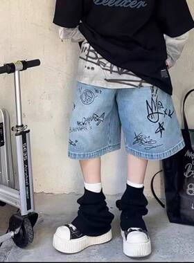 波拉儿童中裤8夏季韩版涂鸦18男童牛仔短裤4岁中大童女童五分裤6