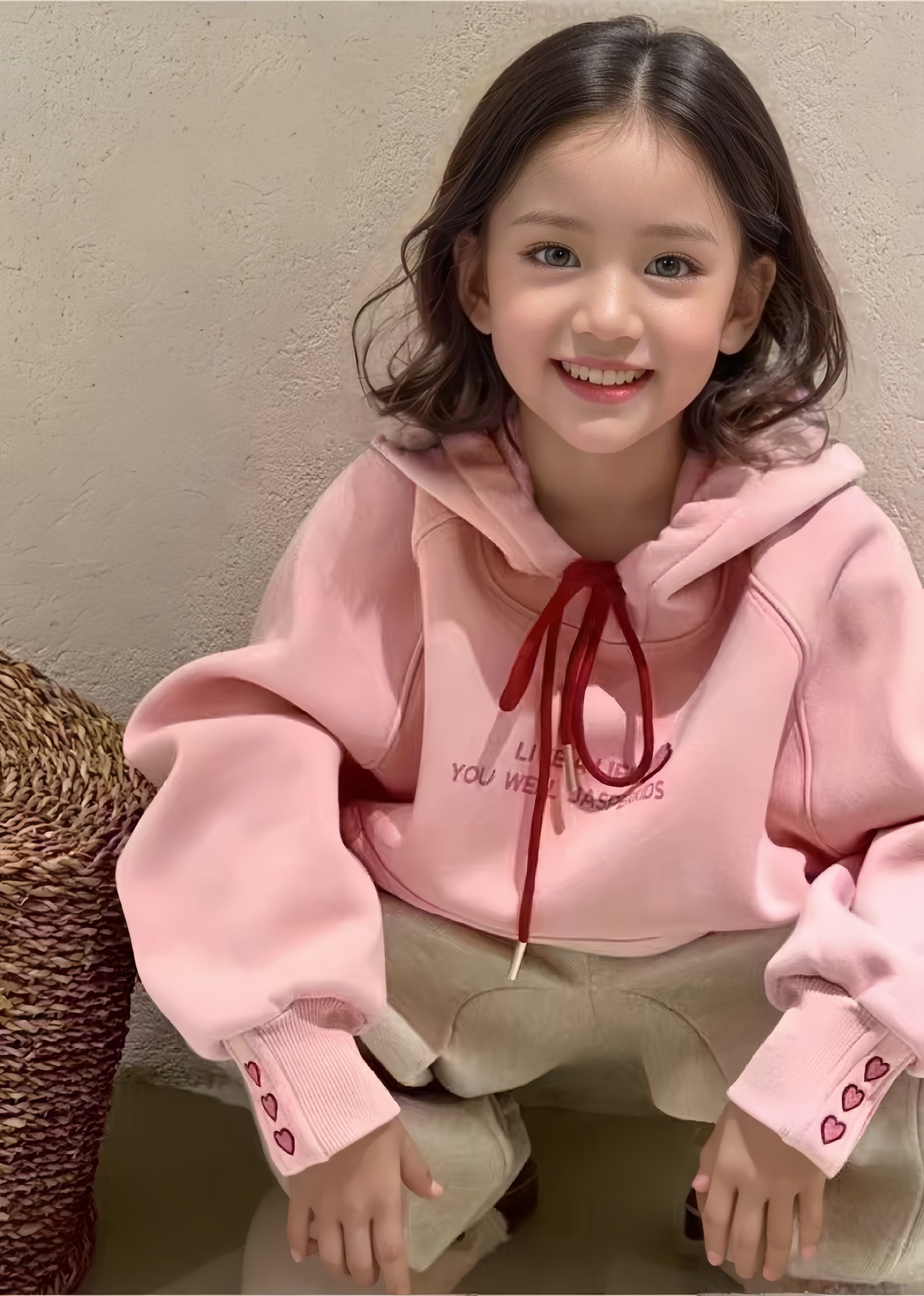 波拉韩版童装2024冬款爱心刺绣女童加绒连帽卫衣一体绒小女孩上衣