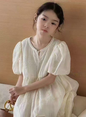 波拉儿童连衣裙夏季新款韩版奶油色蕾丝花边泡泡袖超仙女童长裙