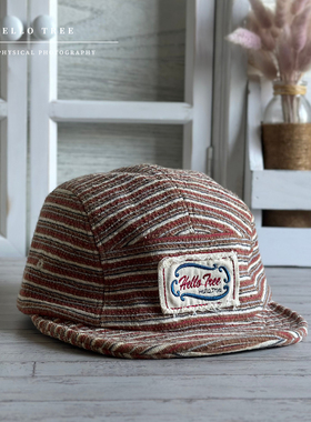 HELLO TREE复古条纹布标针织五片马术帽子秋冬女大头围骑士鸭舌帽