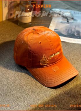 做旧破洞韩版潮牌水洗棒球帽子软顶小字母刺绣橙色鸭舌帽简约橘色
