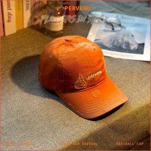 潮牌水洗棒球帽子软顶小字母刺绣橙色鸭舌帽简约橘色 做旧破洞韩版
