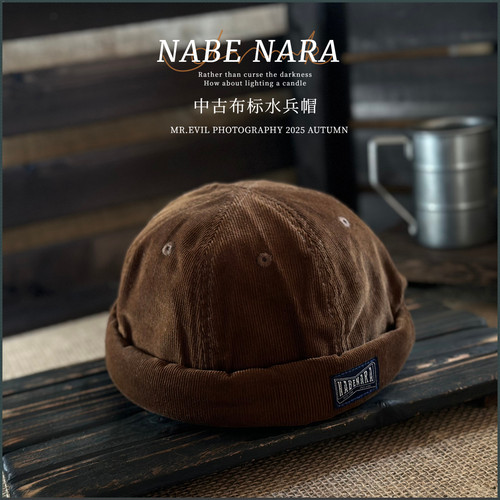 正品NABE复古布标灯芯绒水兵帽