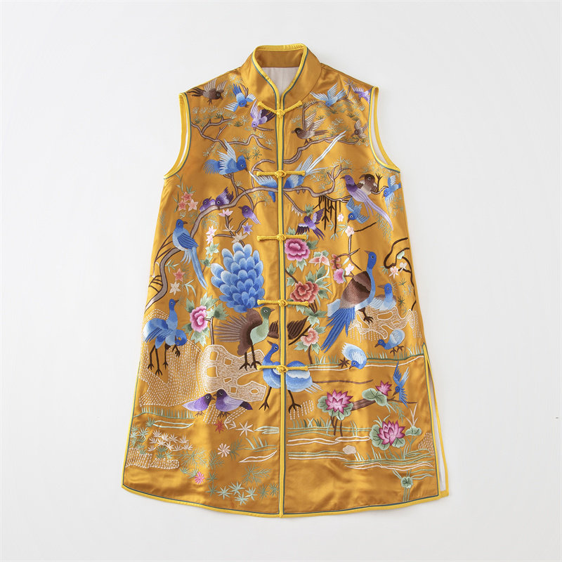 醋酸面料重工百鸟刺绣中国风中长款马夹无袖长裙背心外套中式女装