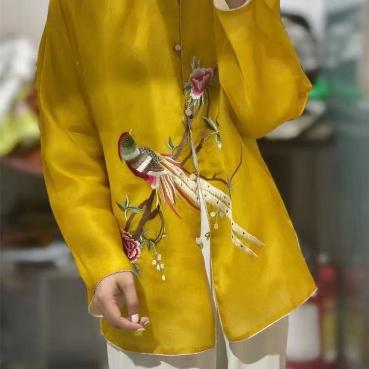 新中式国风女装真丝欧根纱圆领对襟设计枝头小鸟刺绣上衣时尚定制