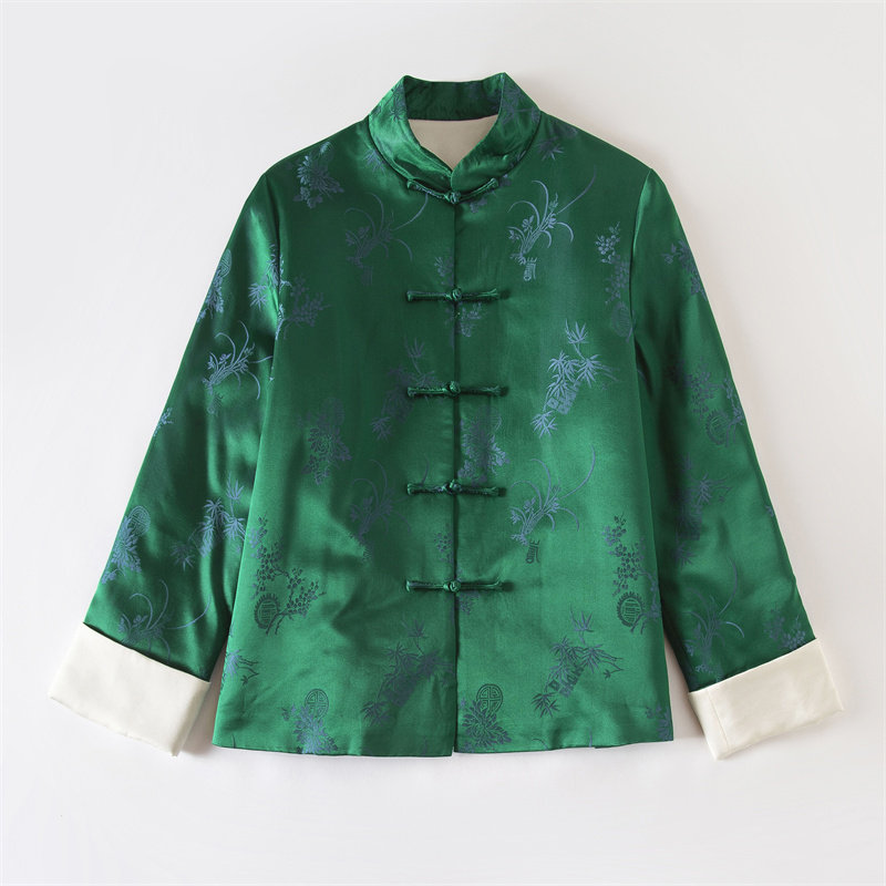 冬季重磅中国风真丝提花手工扣立领长袖新中式夹棉上衣唐装棉袄女