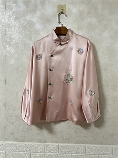 垂感缎面重工刺绣复古玉扣立领长袖上衣女士短外套 春夏新款实拍