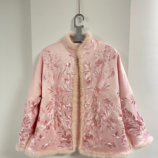 新中式醋酸缎重工刺绣夹棉外套女冬季水貂毛立领宽松棉袄国风上衣