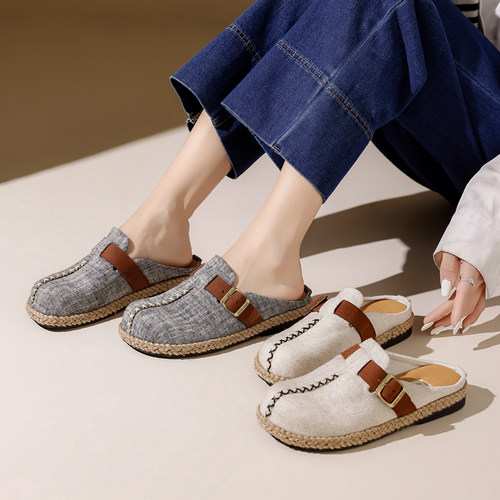 勃肯风包头拖鞋女外穿一脚蹬软底皮带扣草编底休闲鞋女式沙滩半托
