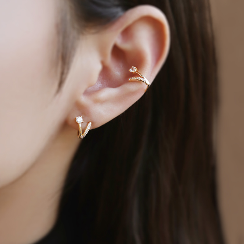 简约气质V形无耳洞蚊香盘耳夹女闪钻微镶耳环耳骨夹时尚百搭耳饰