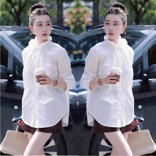 复古宽松白色衬衫 2025秋季 纯棉衬衣法式 独特气质花边领长袖 女 新款