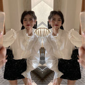 冬内搭洋气上衣长袖 衬衫 女气质荷叶边木耳领白衬衣春秋灯笼袖 打底