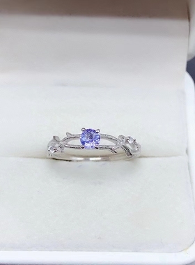 S925银天然坦桑石戒指镶嵌圆形4/5mm红蓝宝石碧玺定制加银托空托