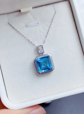 豪华925纯银项链蓝托帕石吊坠镶嵌方形10*10mm空托银托定制彩宝