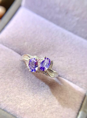 925纯银镶嵌天然坦桑石戒指镶嵌2粒椭圆形4×6空托银托裸石代镶嵌