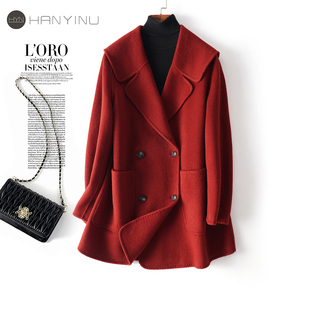 双面呢羊绒大衣女常规翻领红色2025新款冬韩版减龄毛呢外套小个子