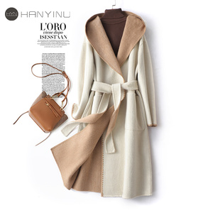 双面呢大衣女中长款连帽系带高级感气质羊毛呢子秋冬新款毛呢外套