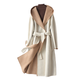 双面呢大衣女中长款连帽系带高级感气质羊毛呢子春秋新款毛呢外套