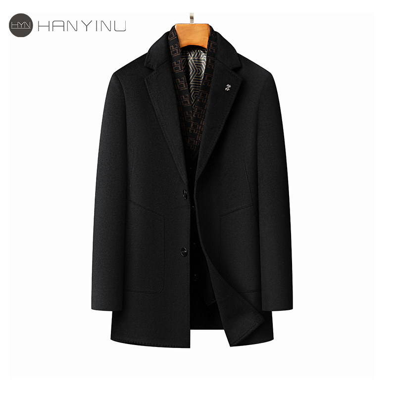 羊毛呢子大衣男士中长款西服领黑色修身冬新款高档西装外套双面呢