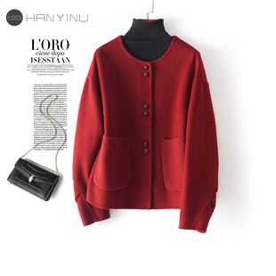 2025秋冬新款双面呢大衣女短款圆领红色减龄韩版小个子羊毛呢外套