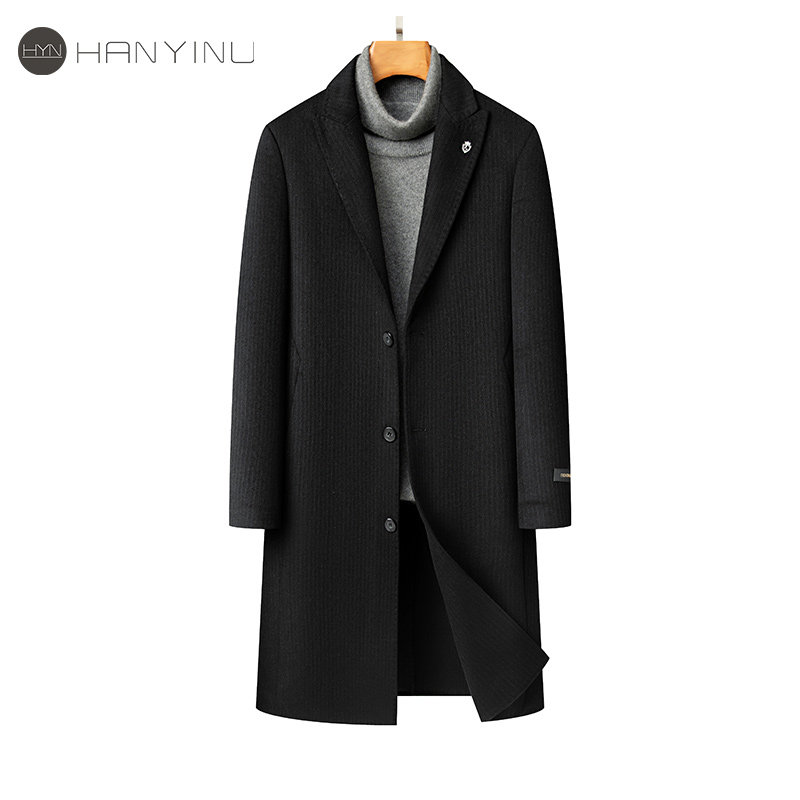 羊毛呢外套男士中长款西装领条纹黑色高端呢子秋冬新款双面呢大衣