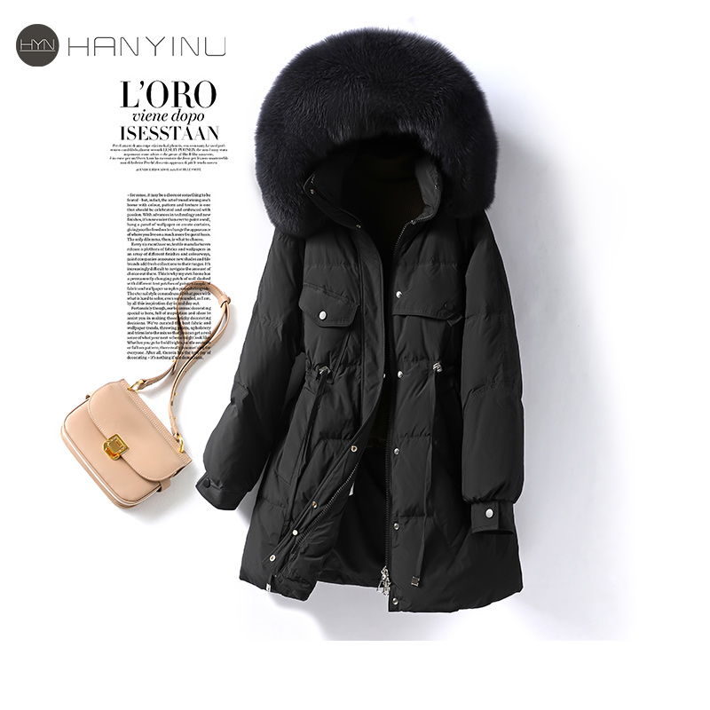 羽绒服女中长款黑色狐狸毛领收腰连帽韩版小个子冬新款白鸭绒外套