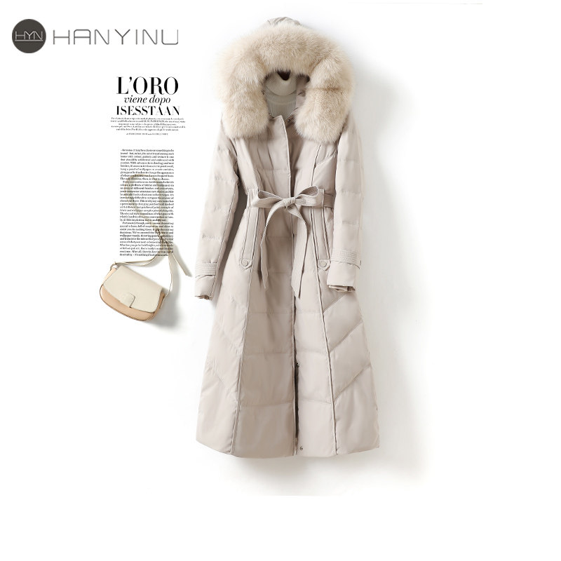 羽绒服女中长款系带收腰狐狸毛领连帽棉服2025新款冬装外套白鸭绒