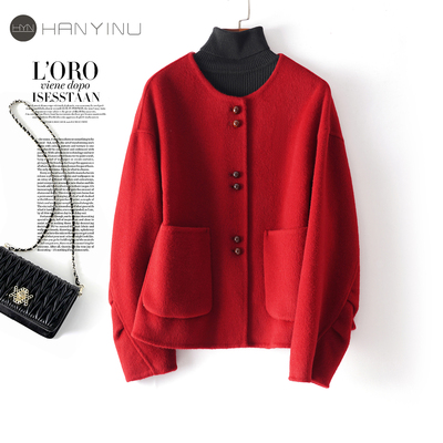 2025秋冬新款红色短款毛呢外套女