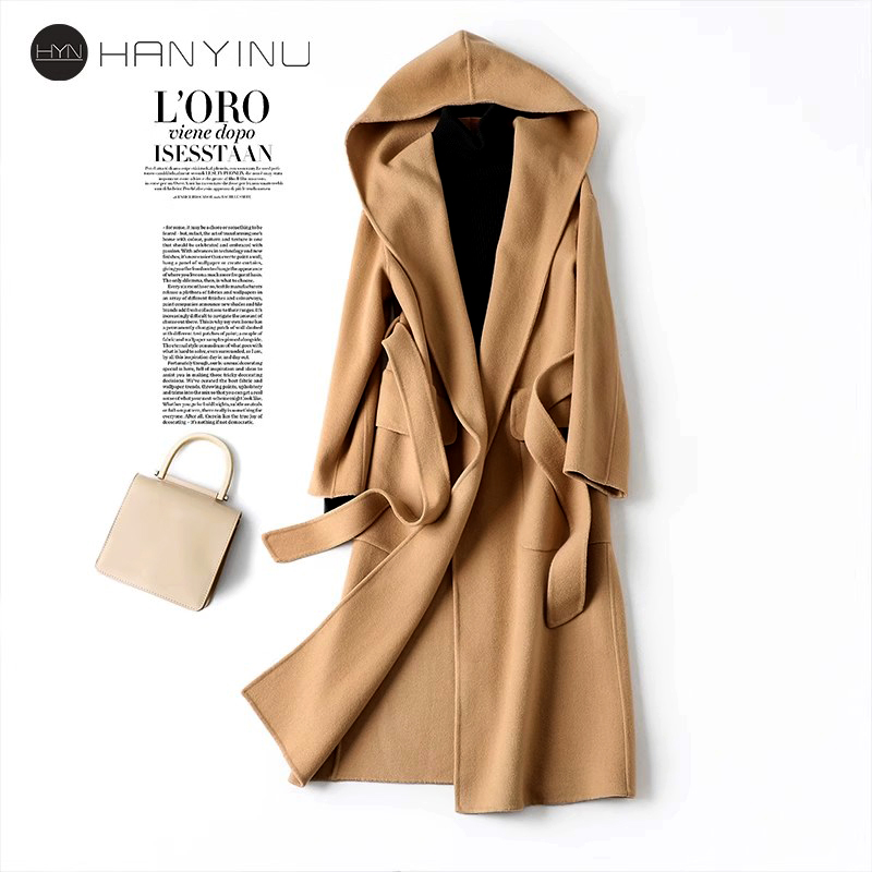 双面绒大衣女中长款连帽气质毛呢