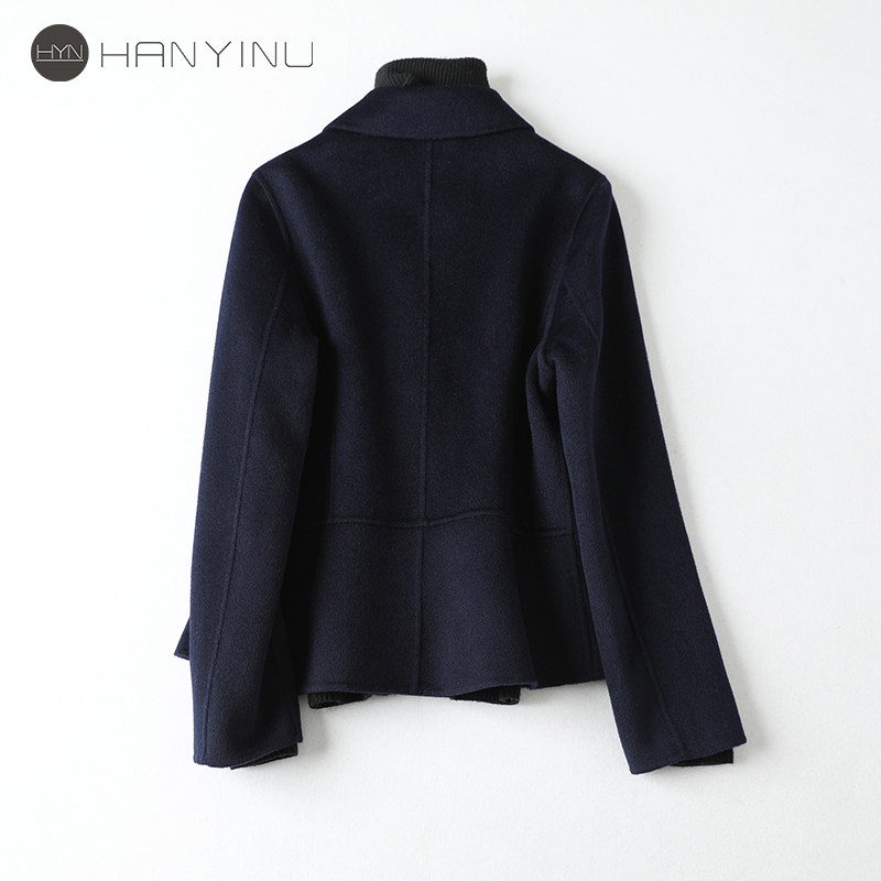 藏青西装外套女短款小个子反季2021新修身双面呢羊毛呢上衣女西服