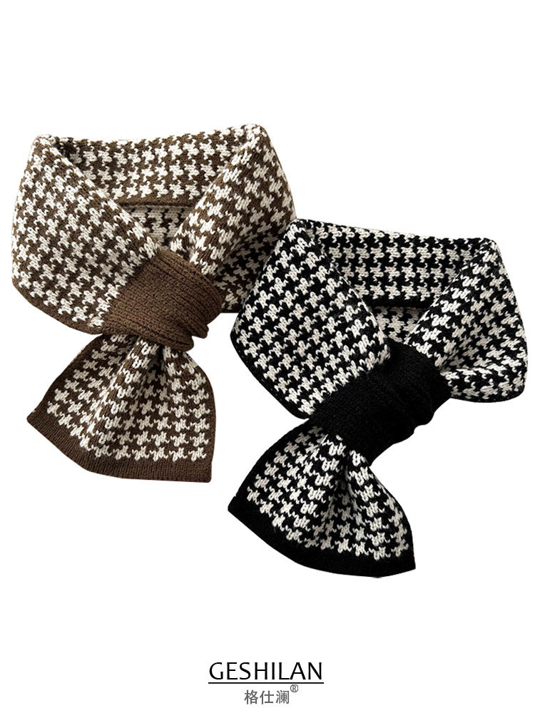 格仕澜交叉短款小围巾冬季保暖格子针织毛线围脖学生韩版百搭