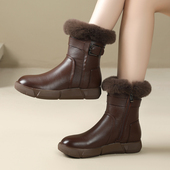 休闲女靴大码 冬季 真皮女靴平底靴子中筒兔毛加绒保暖短靴时尚 4143