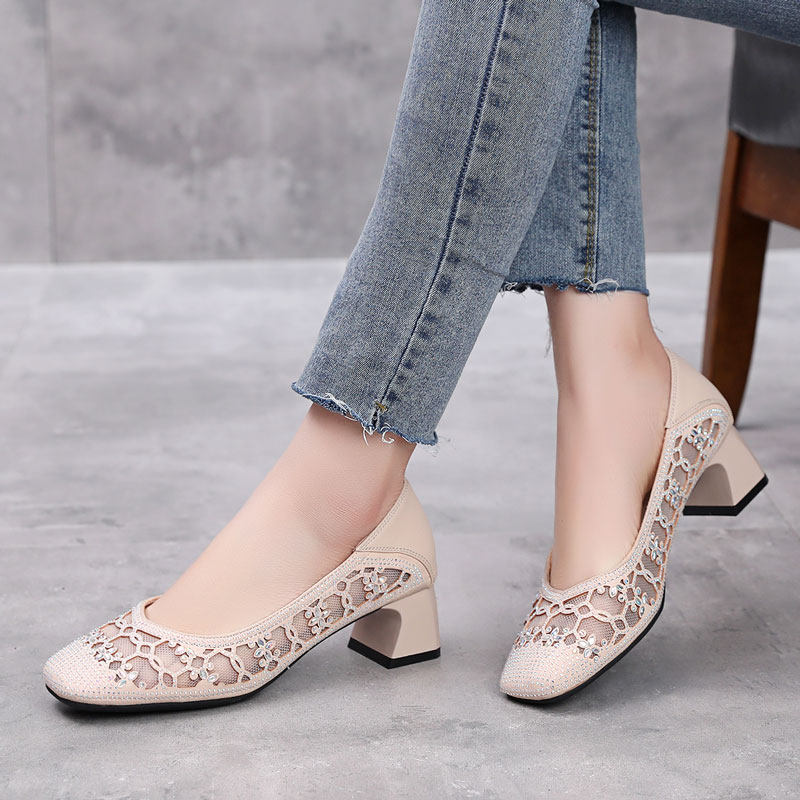 时尚镂空网鞋仙女风春夏季新款粗跟浅口透气网纱女鞋百搭单鞋凉鞋