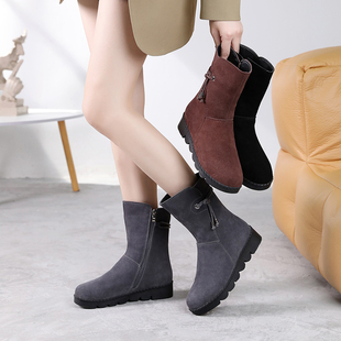 坡跟雪地靴磨砂牛皮中筒靴子厚底女靴单靴2025秋冬季 棉靴4143 大码