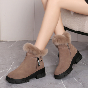 棉靴43 加绒女鞋 真皮中跟保暖雪地靴兔毛2024冬季 坡跟短靴防滑大码