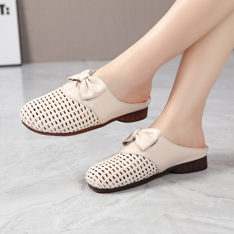 包头半拖鞋女夏季外穿平底凉鞋2025一脚蹬编织牛筋底防滑单鞋通勤