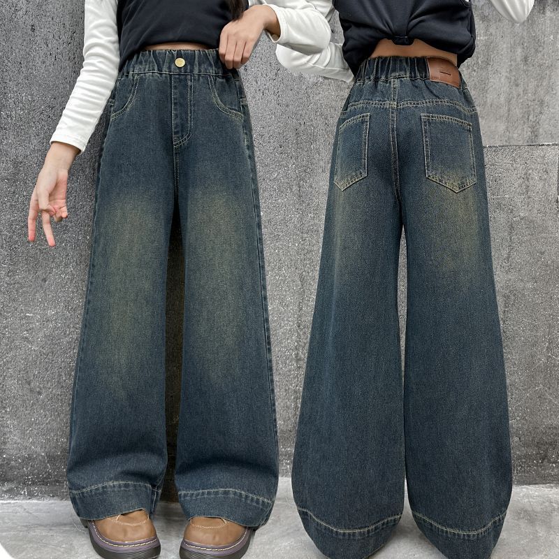 女童裤子秋装2025春秋新款牛仔裤洋气大童宽松直筒网红休闲阔腿裤