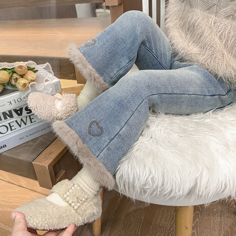 女童加绒一体裤子牛仔裤秋冬2024宝宝儿童加厚冬季洋气毛条微辣裤