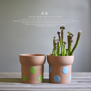 红陶素色陶盆手工波点彩色透水透气多肉度夏良品陶瓷花盆