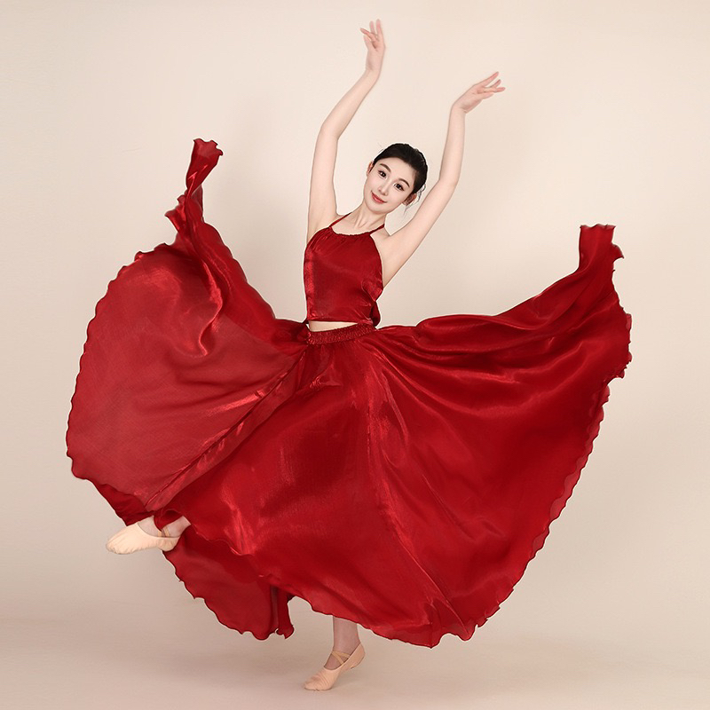 【黑月光】超炫闪大摆裙现代舞红舞裙高端丝绸缎面闪光面料