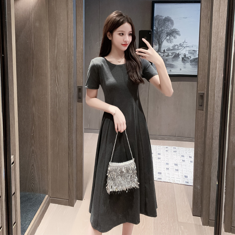 纯棉连衣裙女夏新中长款打底过膝t恤裙修身显瘦小个子学生a字长裙