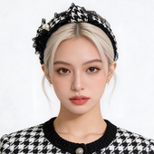 LASS LIZ原创设计发卡2026新款 小香黑白千鸟格宽边打结发箍通勤