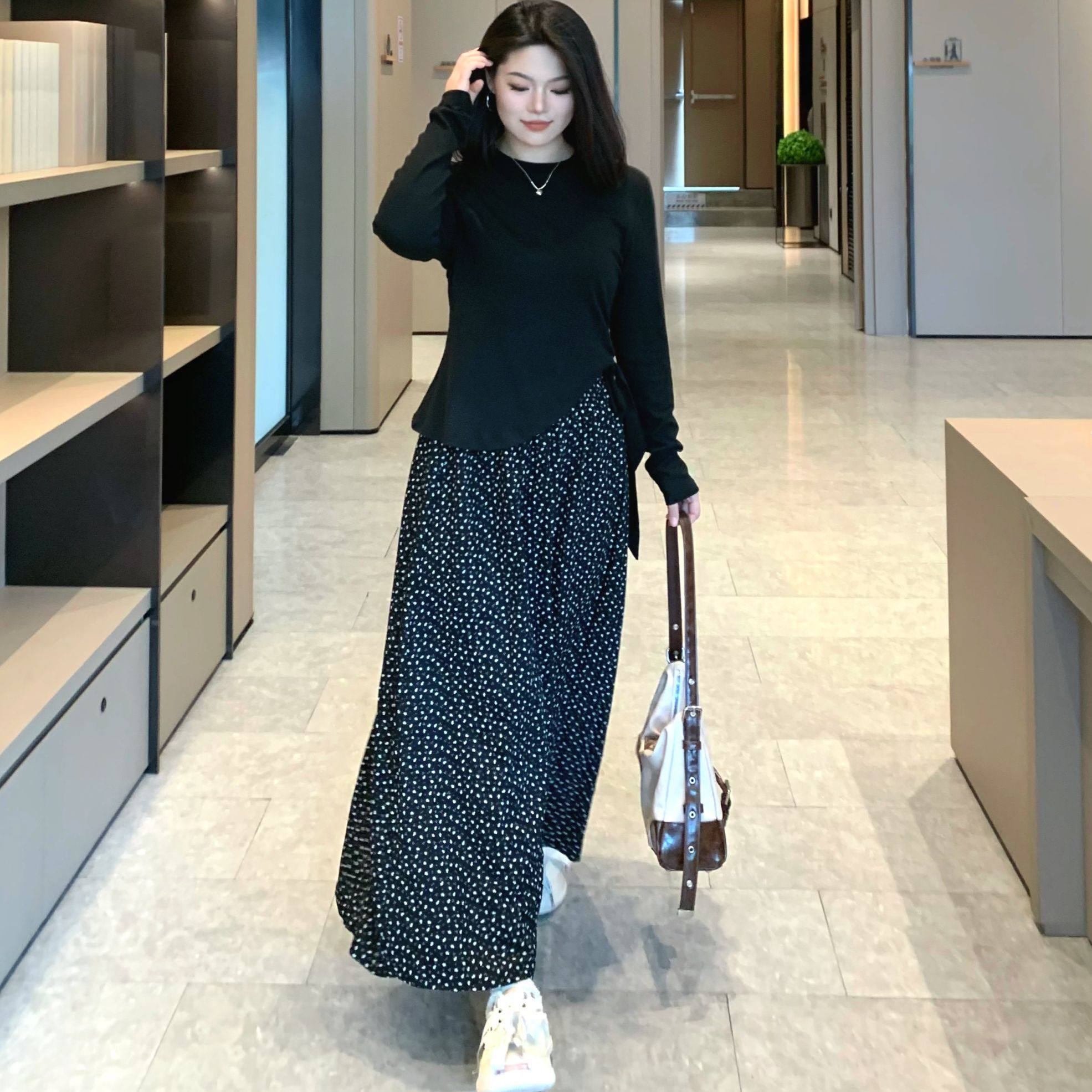 ARSENE【点点漫游】秋季T恤百搭波点半身裙温柔风微胖套装-S1420