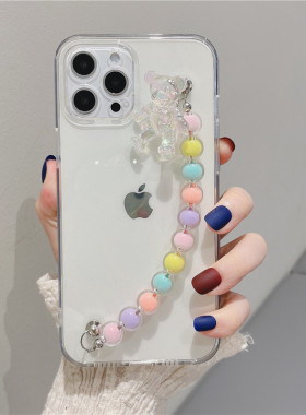 彩色镭射小熊链条适用苹果16手机壳iPhone13pro xr/xs max软14plus全包15pro防摔7p简约11网红潮牌6sP/12pro