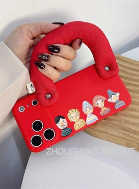 液态红色填充棉腕带适用oppofindX9proX8手机壳新款人头公仔reno14131211A6硅胶GT6neo5全包防摔高级感保护套