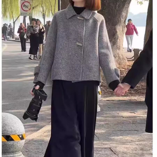 双面羊绒大衣女2026秋冬新款翻领气质简短款羊毛呢外套小个子灰色