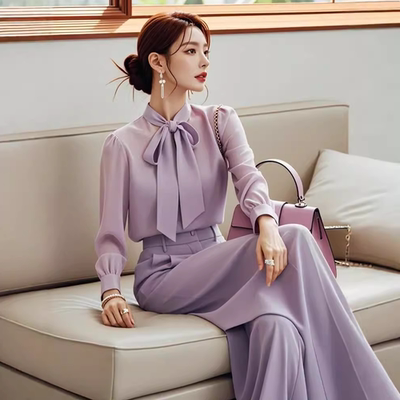 秋装搭配一整套名媛女装高端小众小香风紫色衬衫阔腿裤子职业套装